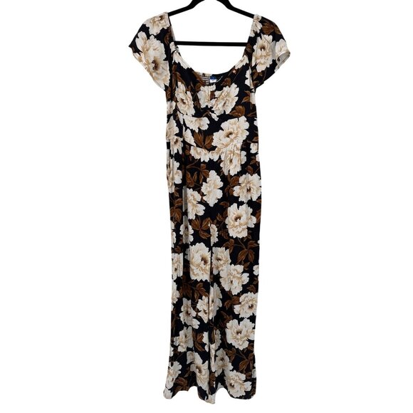 Old Navy Fit & Flare Jumpsuit Womens Small Black Floral Rayon Flutter Sleeve NEW - Picture 1 of 11